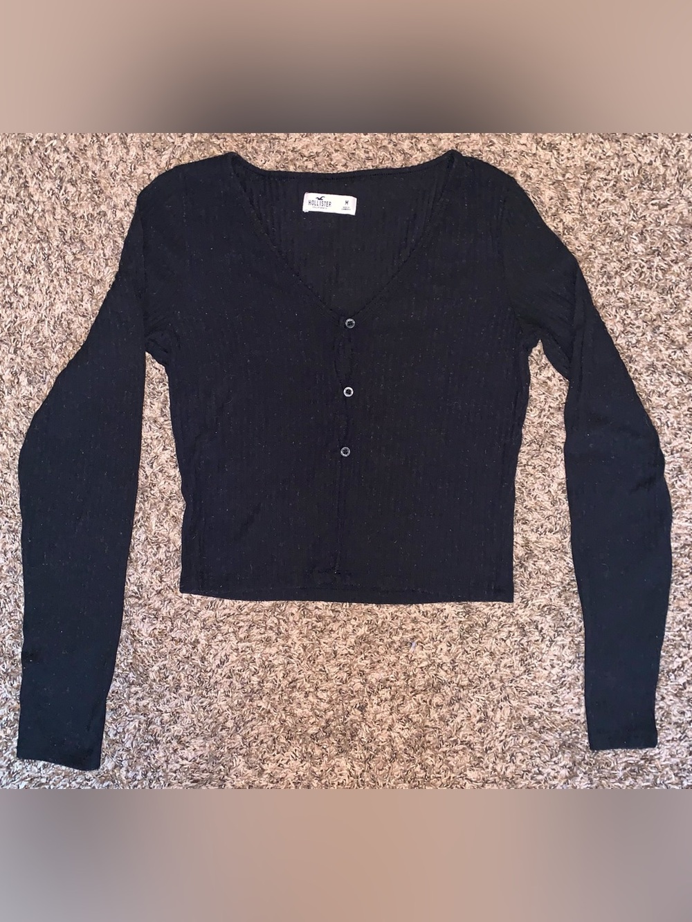 Hollister Black Ribbed Button-Front Long Sleeve Top
